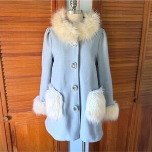 Swankiss J-Fashion Kawaii Jirai Kei White Faux Fur Blue Wool Blend Pea Coat M-L